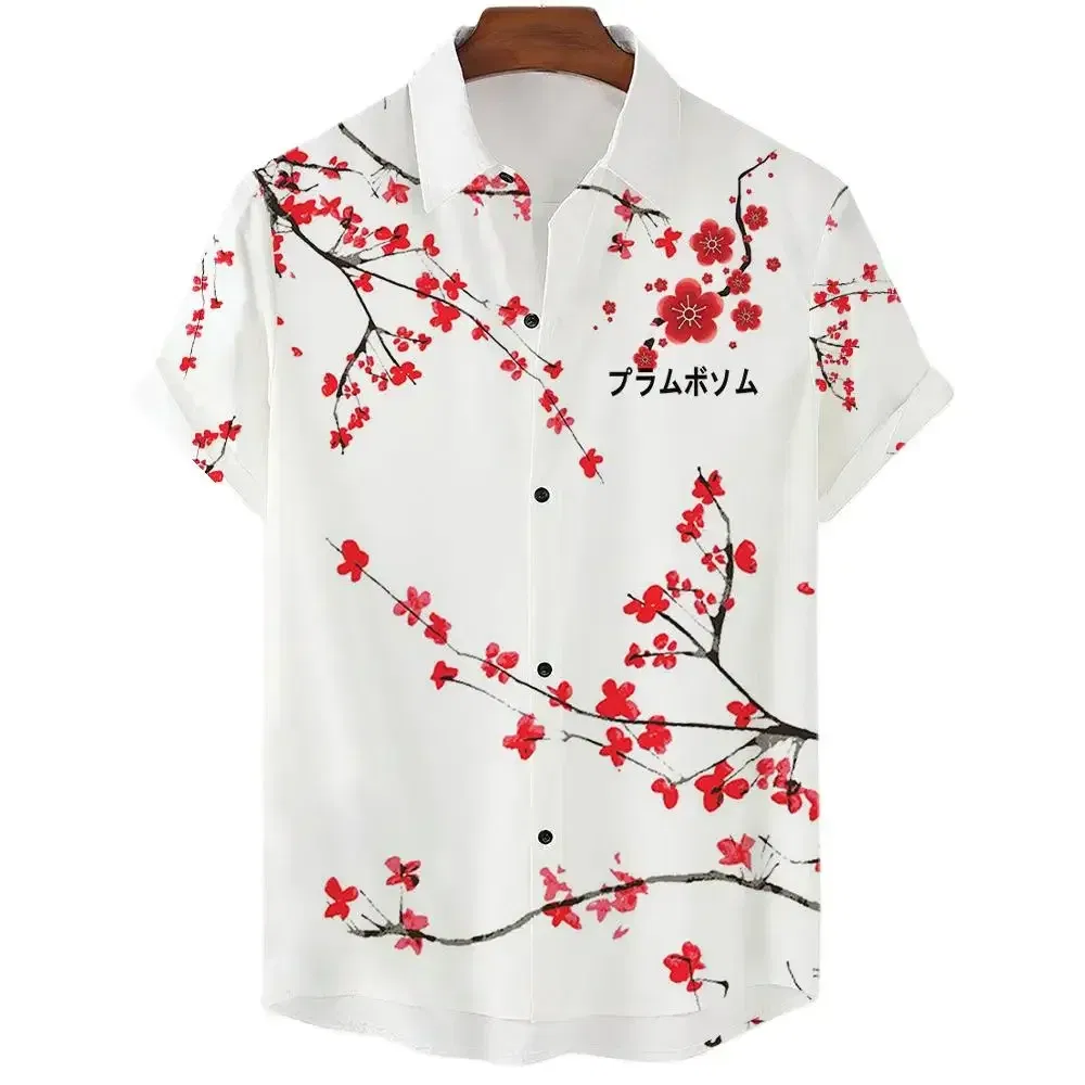 Color: Blue, Size: M - Fashionable Luxury Social men's Shirt Lapel button-down Shirt Casual Japanese Aesthetic Cherry Blossom Print short-sleeved Tops