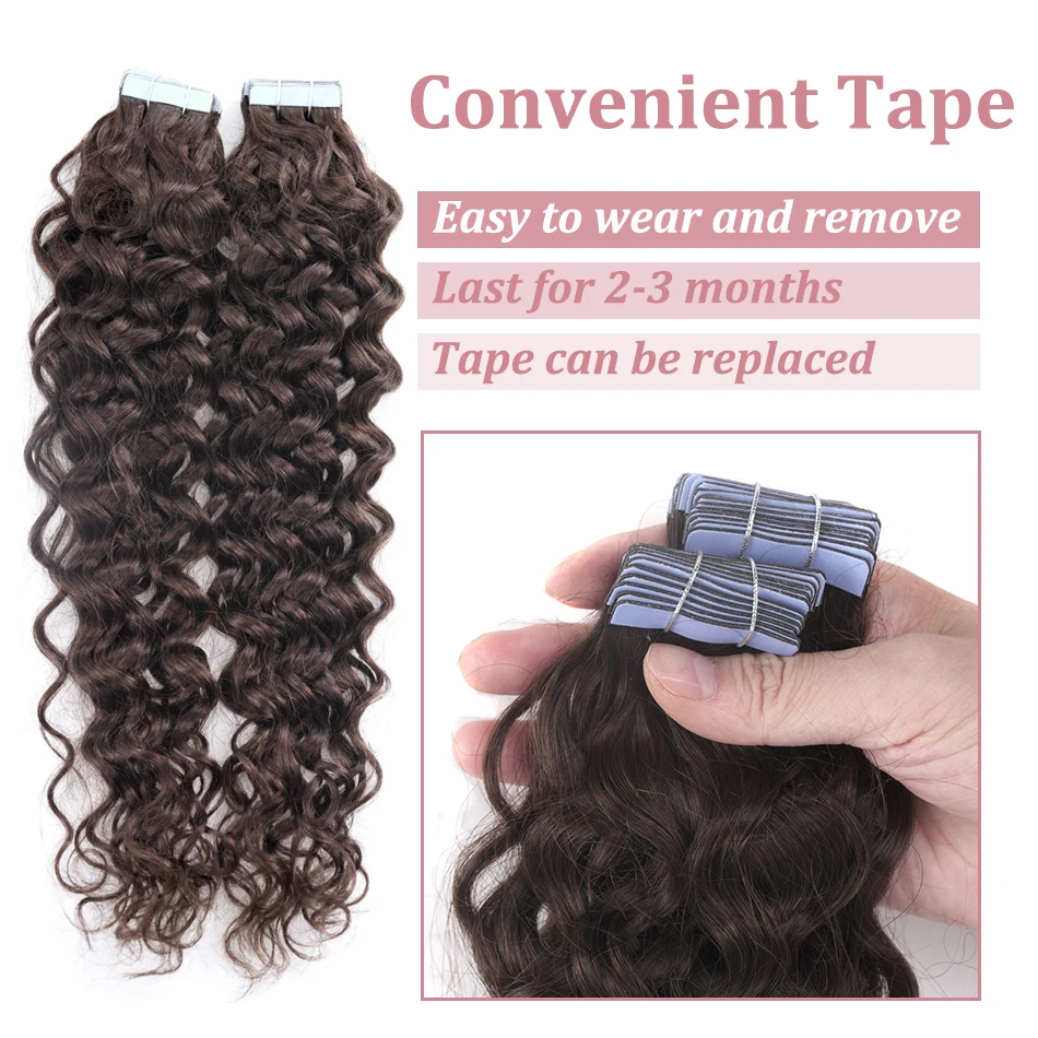 Color: #9, Length: 18 inches, Items per Package: 20 pcs - Water Wave Tape in Human Hair Extensions 2g/pcs Dark Brown Real Human Hair Adhesive Invisible Keratin Hair Extensions for Women