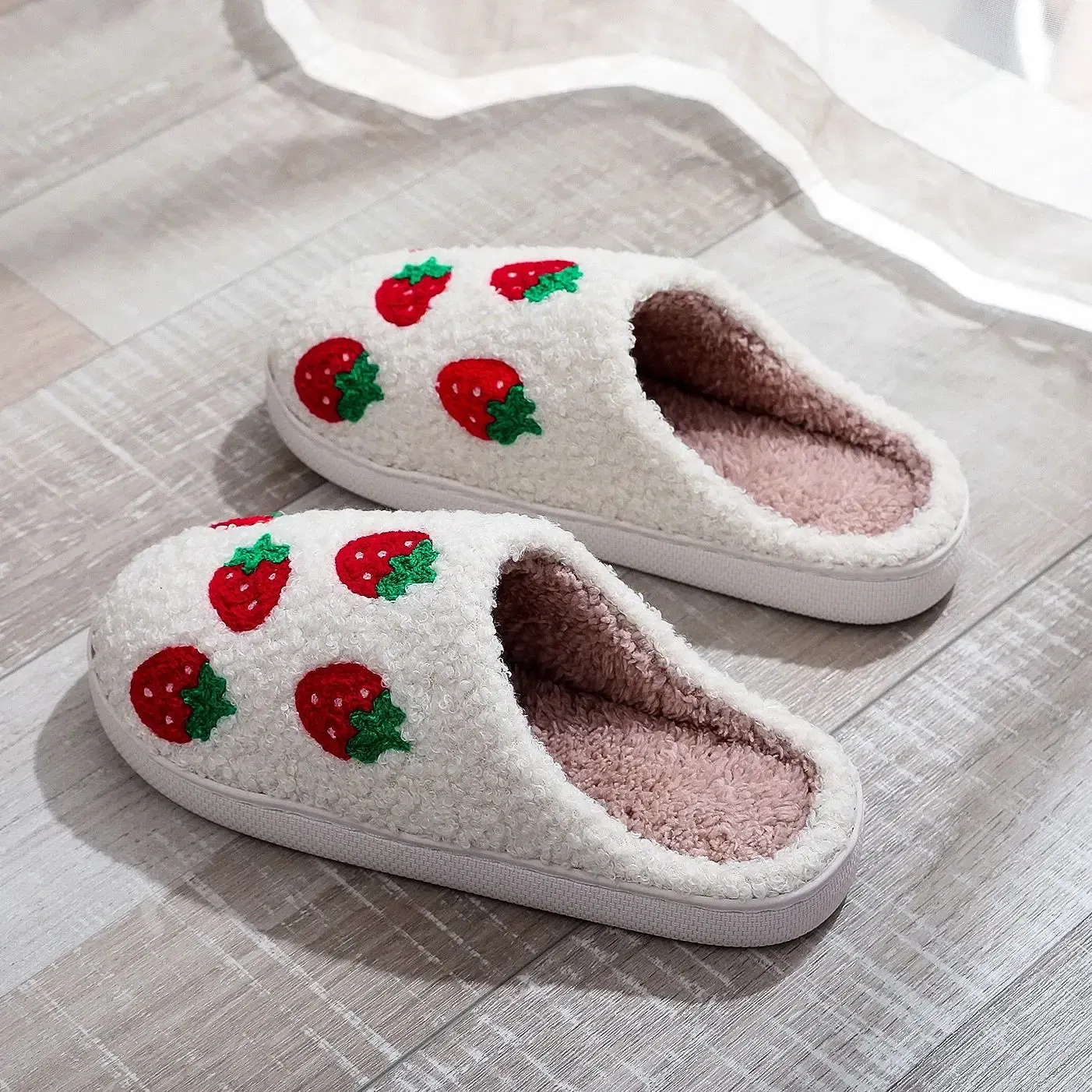 Color: WHITE, Shoe Size: 42 - Winter home furnishings small fresh seven strawberry cotton slippers non-slip thick bottom wear-resistant cotton slippers