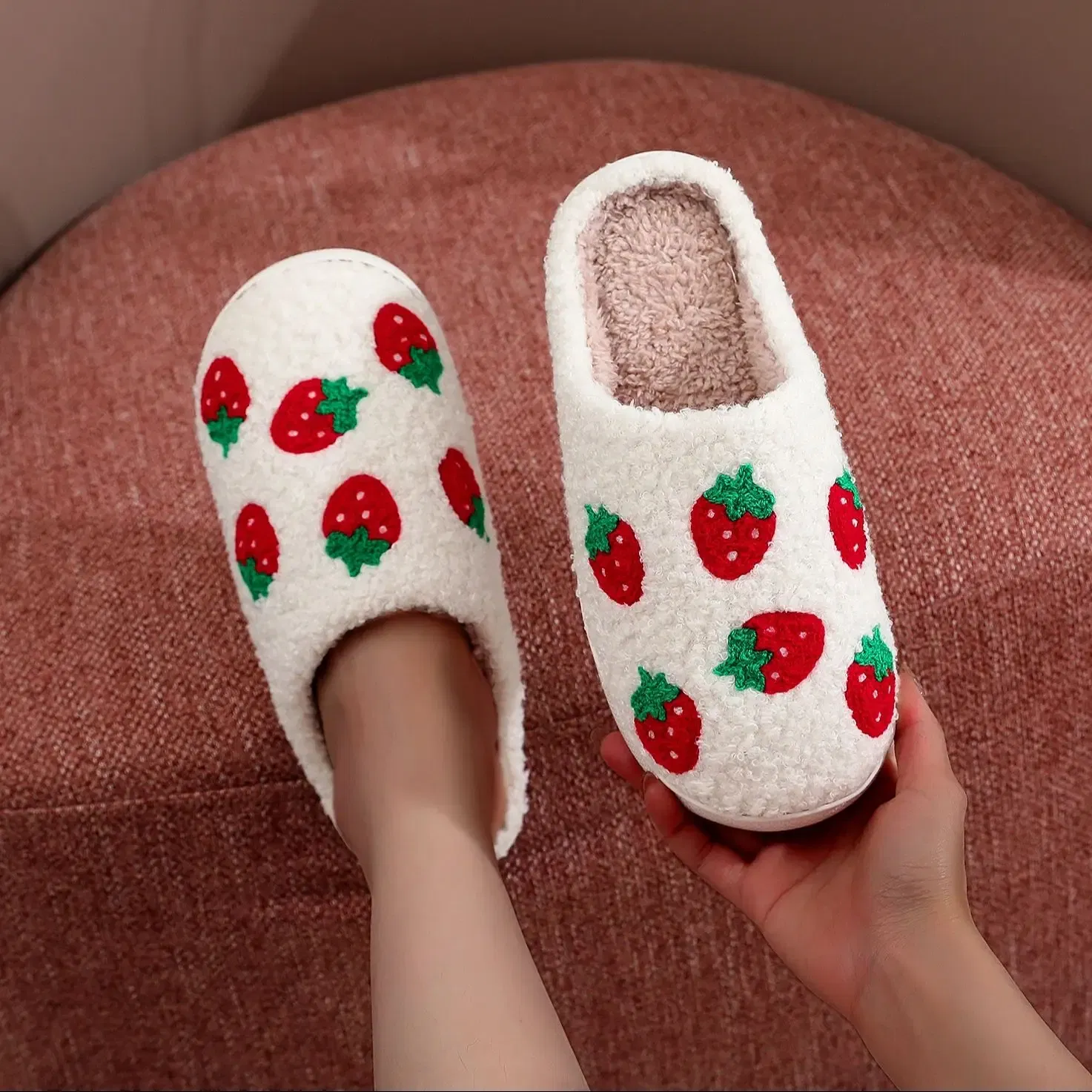 Color: WHITE, Shoe Size: 42 - Winter home furnishings small fresh seven strawberry cotton slippers non-slip thick bottom wear-resistant cotton slippers