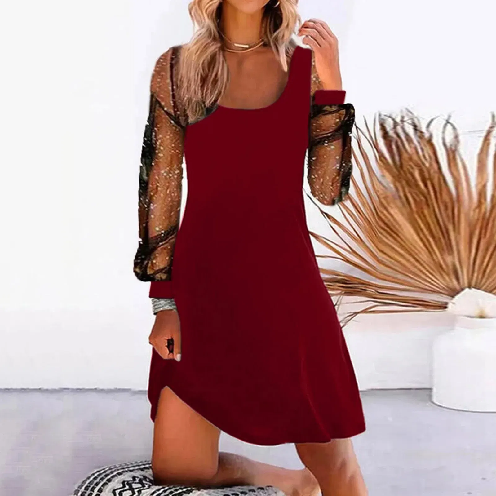 Color: Blue, Size: M, Ships From: CN - Women Dress See-through Mesh Patchwork U Neck Loose Shiny Sequin Long Sleeve Soft Irregular Hem Pullover Mini Dress Vestidos