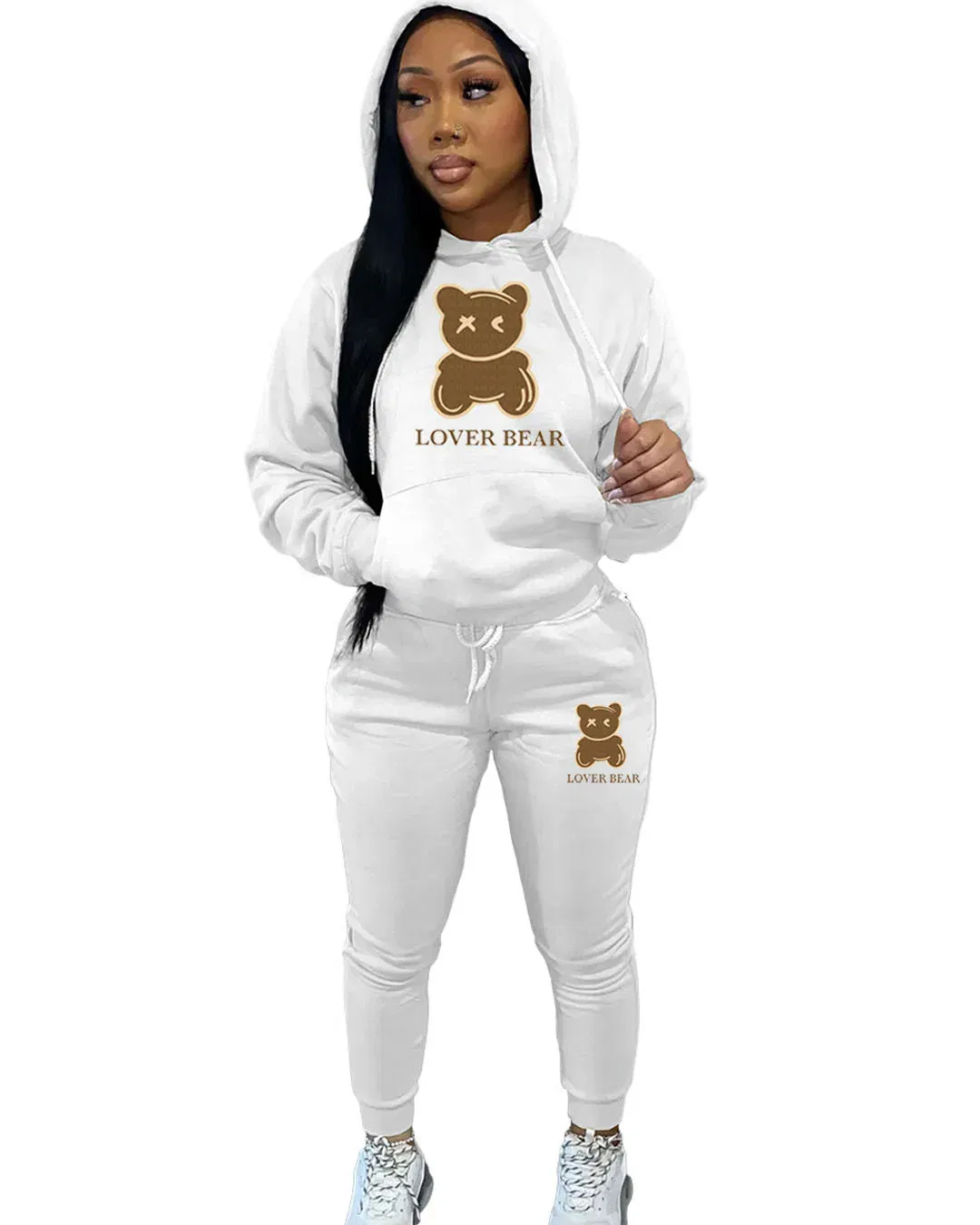 Color: WHITE, Size: M - 2 Piece Set Women Outfit Letter Bear Print Hooded Neck Hoodies Sweatshirt Pants Tracksuit 2024 Plus Size Streetwear Casual Suit
