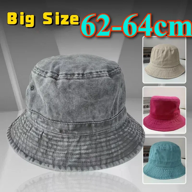 Color: WHITE, Size: XS?€old?‰ - Korean Big Head Washed Denim Bucket Hats Men Cotton Sun Hat Plus Size 64cm Oversize Bob Panama Unisex Big Size Fisherman Cap