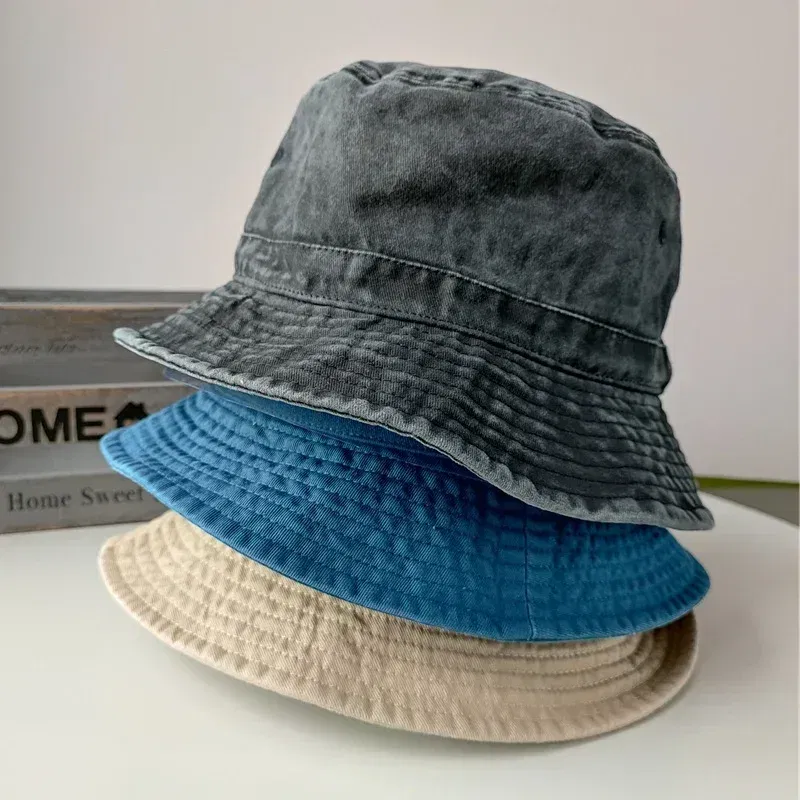 Color: WHITE, Size: XS?€old?‰ - Korean Big Head Washed Denim Bucket Hats Men Cotton Sun Hat Plus Size 64cm Oversize Bob Panama Unisex Big Size Fisherman Cap