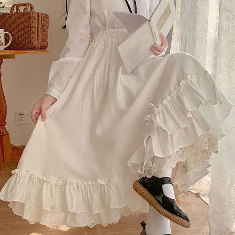 Color: WHITE, Size: S, Ships From: CHINA - Japanese ruffles pleated skirt woman sweet high waist loose Ankle-length skirts women college style black patchwork A-line skirt