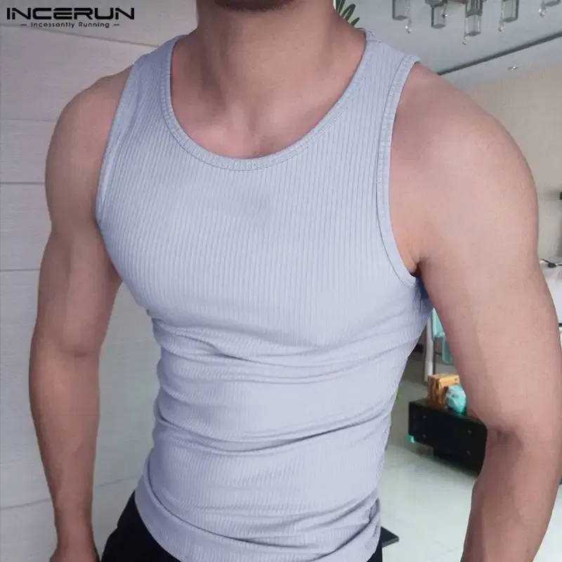 Color: WHITE, Size: 4XL - INCERUN Men Tank Tops Solid Color O-neck Sleeveless Streetwear Summer Casual Vests Skinny 2023 Fashion Leisure Men Clothing 5XL