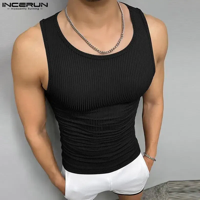 Color: WHITE, Size: 4XL - INCERUN Men Tank Tops Solid Color O-neck Sleeveless Streetwear Summer Casual Vests Skinny 2023 Fashion Leisure Men Clothing 5XL