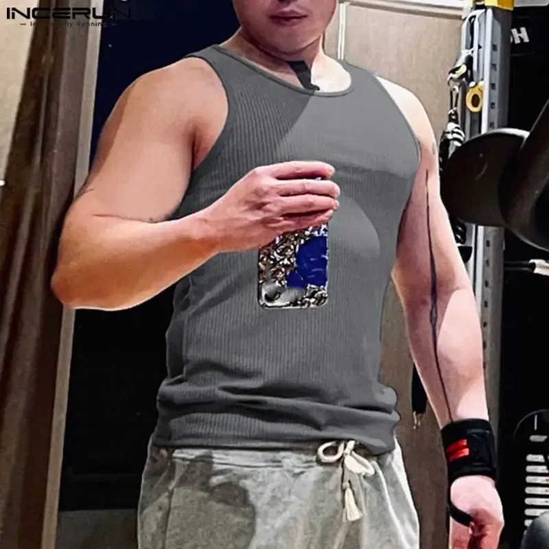 Color: WHITE, Size: 4XL - INCERUN Men Tank Tops Solid Color O-neck Sleeveless Streetwear Summer Casual Vests Skinny 2023 Fashion Leisure Men Clothing 5XL