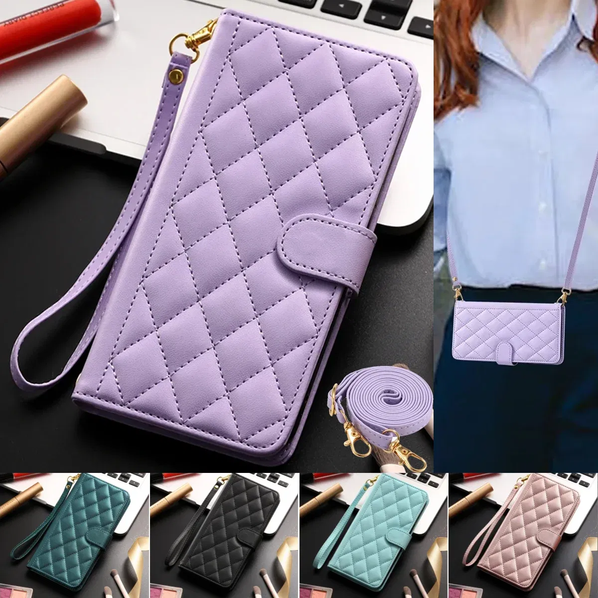 Material: PC, Color: light green - Long lanyard Flip Leather Phone Case for Samsung Galaxy S24 Ultra S23 FE S22 S21 S20 S10 Plus Wallet Card Cover Coque