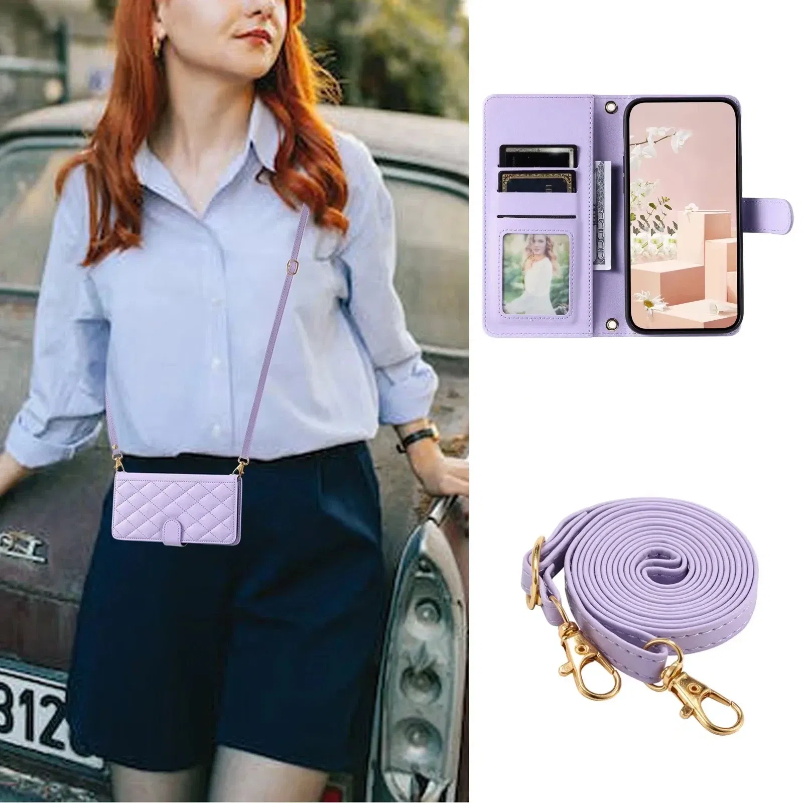Material: PC, Color: light green - Long lanyard Flip Leather Phone Case for Samsung Galaxy S24 Ultra S23 FE S22 S21 S20 S10 Plus Wallet Card Cover Coque