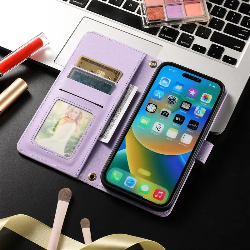 Material: PC, Color: light green - Long lanyard Flip Leather Phone Case for Samsung Galaxy S24 Ultra S23 FE S22 S21 S20 S10 Plus Wallet Card Cover Coque