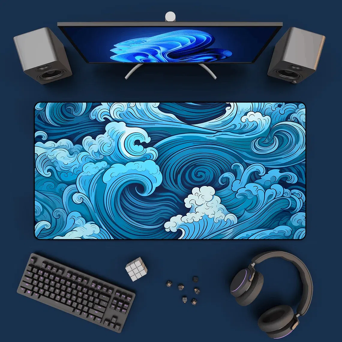 Color: Coffee - Aesthetic Desk Mat Art Japanese Great Waves XXL Gaming Mouse Pad Blue Mousepad 900x400 Beautiful Nature Rubber Desk Pad Mat