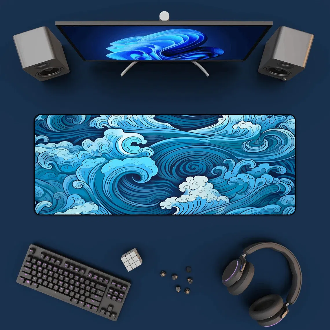 Color: Coffee - Aesthetic Desk Mat Art Japanese Great Waves XXL Gaming Mouse Pad Blue Mousepad 900x400 Beautiful Nature Rubber Desk Pad Mat