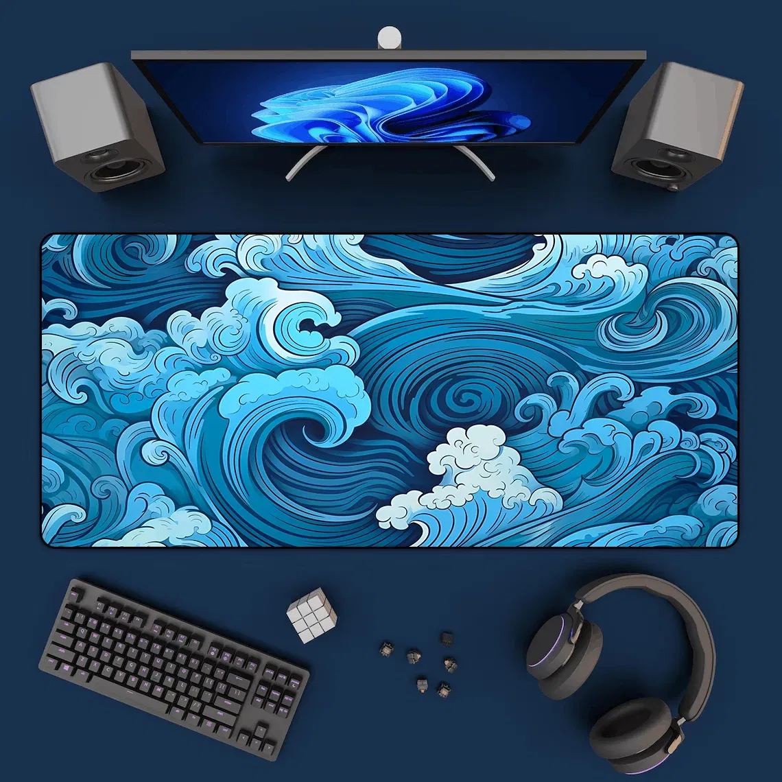Color: Coffee - Aesthetic Desk Mat Art Japanese Great Waves XXL Gaming Mouse Pad Blue Mousepad 900x400 Beautiful Nature Rubber Desk Pad Mat