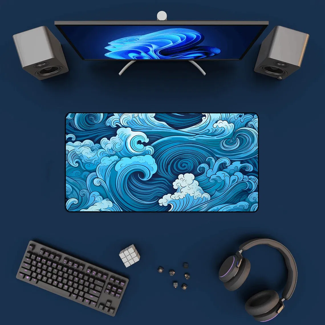 Color: Coffee - Aesthetic Desk Mat Art Japanese Great Waves XXL Gaming Mouse Pad Blue Mousepad 900x400 Beautiful Nature Rubber Desk Pad Mat