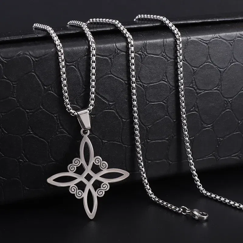 Metal color: Silver - Witch Knot Cuff Stainless Steel Pagan Witchcraft Symbols Magic Knot Women\'s Good Luck Amulet Bracelet Celtic Knot Bracelet