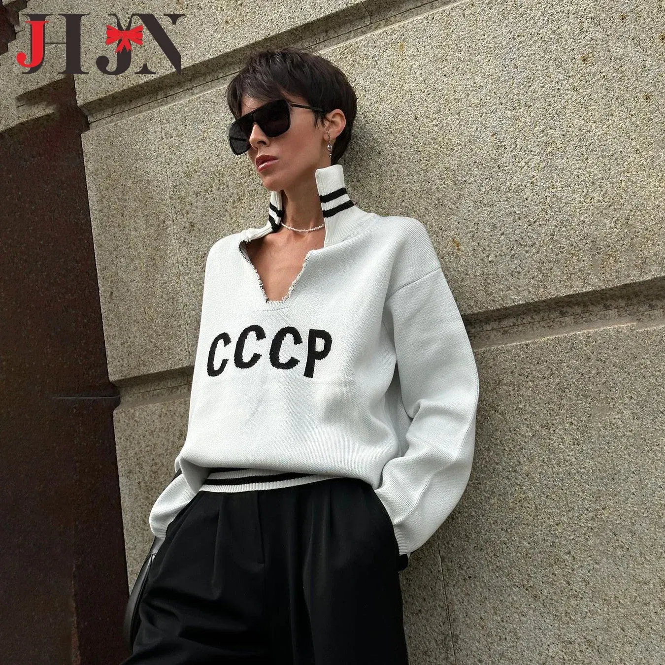 Color: Blue, Size: L - JHJN Autumn V-Neck Sweater Women Patchwork Letter Streety Tops Loose Casual Pullovers Long-Sleeved Knitted Shirts Women Sweater