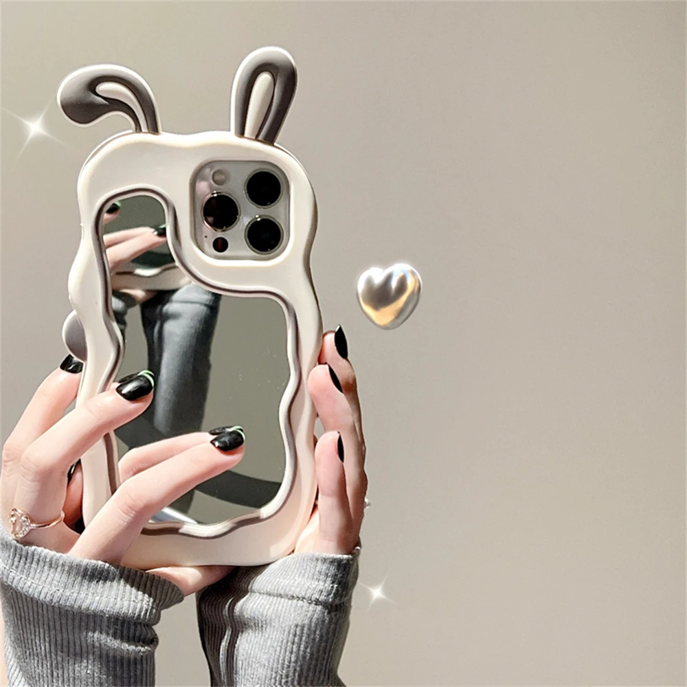 Color: Beige, Material: ABS - Cute Bunny Ears Mirror Phone Case For iPhone 15 14 Plus 13 12 11 Pro Max Shockproof Silicone Case
