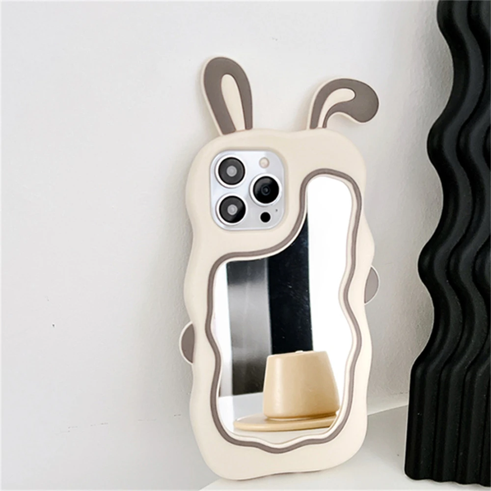 Color: Beige, Material: ABS - Cute Bunny Ears Mirror Phone Case For iPhone 15 14 Plus 13 12 11 Pro Max Shockproof Silicone Case