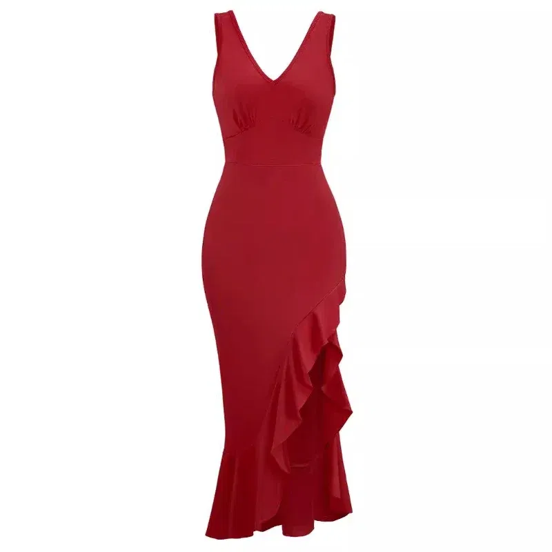 Color: Pink, Size: L - Women Dress Long Dresses Sexy V Neck Ruffles Sleeveless Maxi Casual Elegant Bodycon Party Beach Night High Waist Sling Vestidos