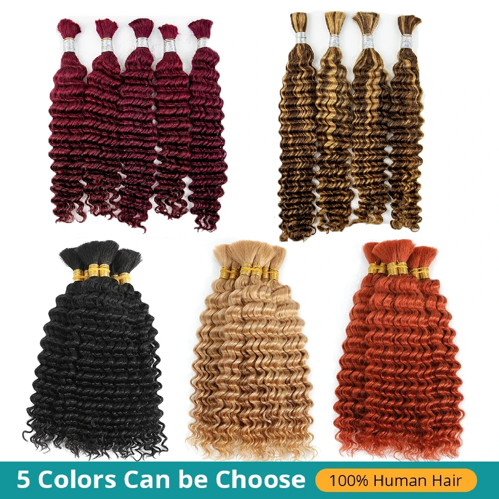 Color: Mocha Brown, Material Grade: virgin hair, Longest Hair Proportion: 30%-55%, Stretched Length: 20inches, Bulk Buy: 5pcs/lot - NABI Deep Wave Boho Braiding Hair Bulk 16inches No Weft Human Hair Extension Curly Hair Bundles for Boho Braids