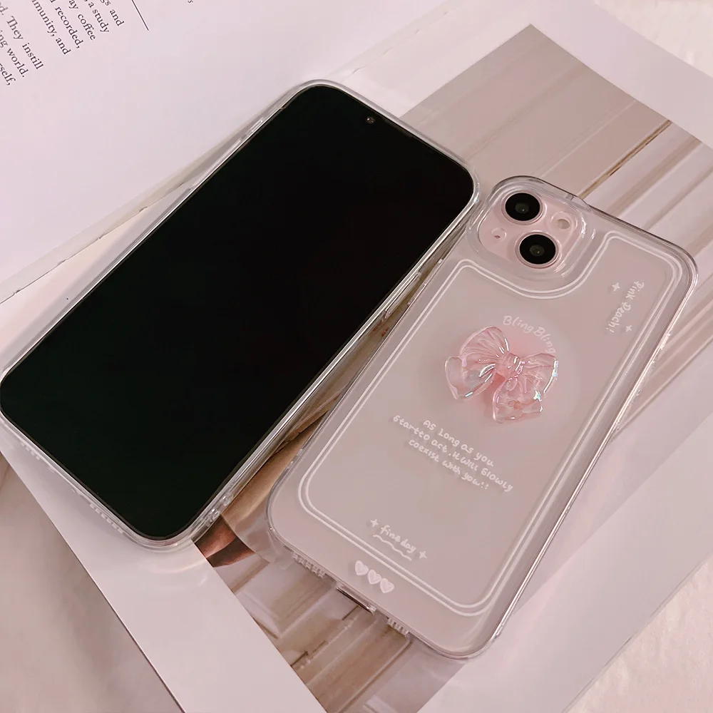 Material: Cotton Fabric, Color: WHITE - NEW 3D Bow Transparent Mobile Phone Case For IPhone 15 14 Plus 13 Pro Max 12 Pro 11 Stereo Crystal Candy Cute Full Soft Cover