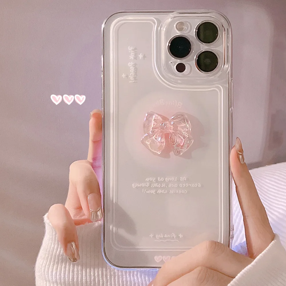 Material: Cotton Fabric, Color: WHITE - NEW 3D Bow Transparent Mobile Phone Case For IPhone 15 14 Plus 13 Pro Max 12 Pro 11 Stereo Crystal Candy Cute Full Soft Cover