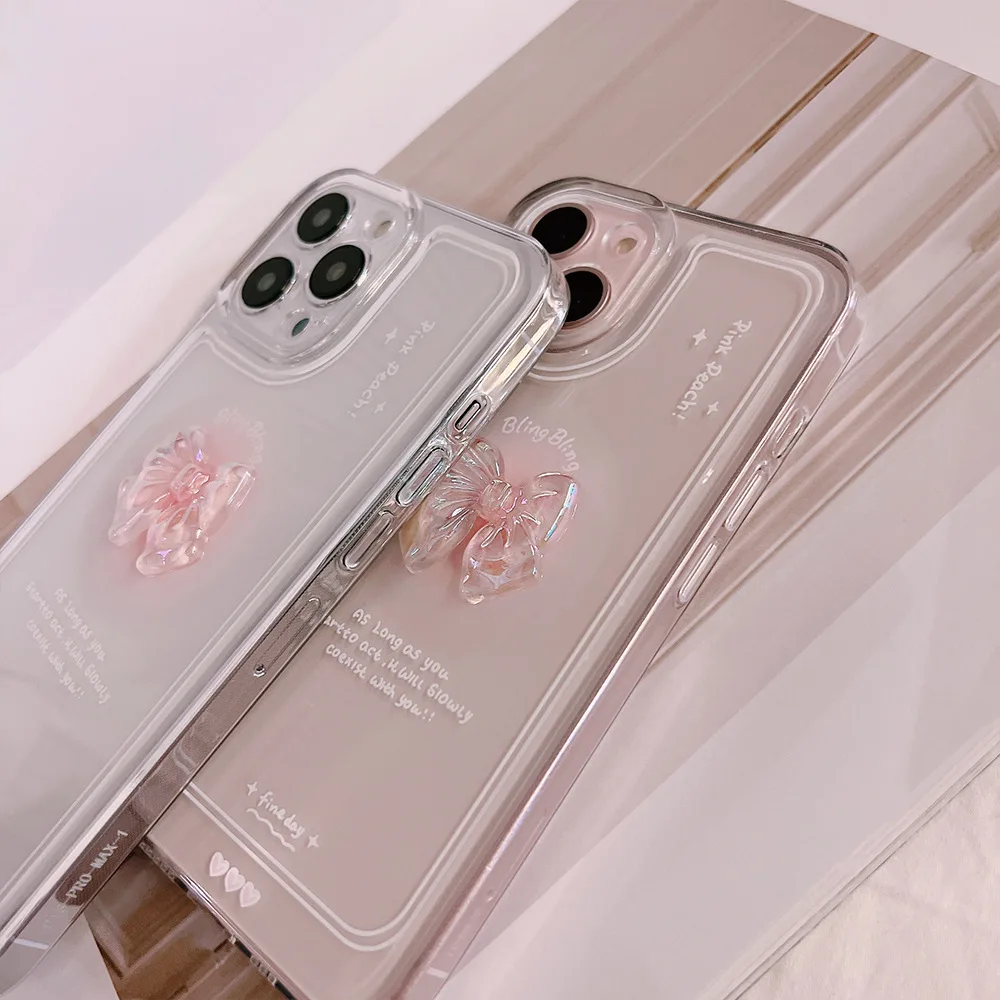 Material: Cotton Fabric, Color: WHITE - NEW 3D Bow Transparent Mobile Phone Case For IPhone 15 14 Plus 13 Pro Max 12 Pro 11 Stereo Crystal Candy Cute Full Soft Cover
