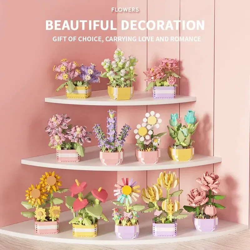 Color: WHITE - Flowers Plants Bonsai Building Blocks Succulent Potted Assembly Bricks Model Desktop Decoration Girl Toys Kids Holiday Gifts