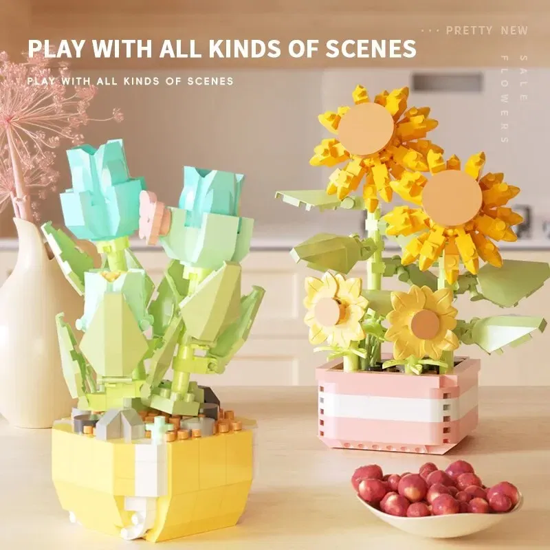 Color: WHITE - Flowers Plants Bonsai Building Blocks Succulent Potted Assembly Bricks Model Desktop Decoration Girl Toys Kids Holiday Gifts