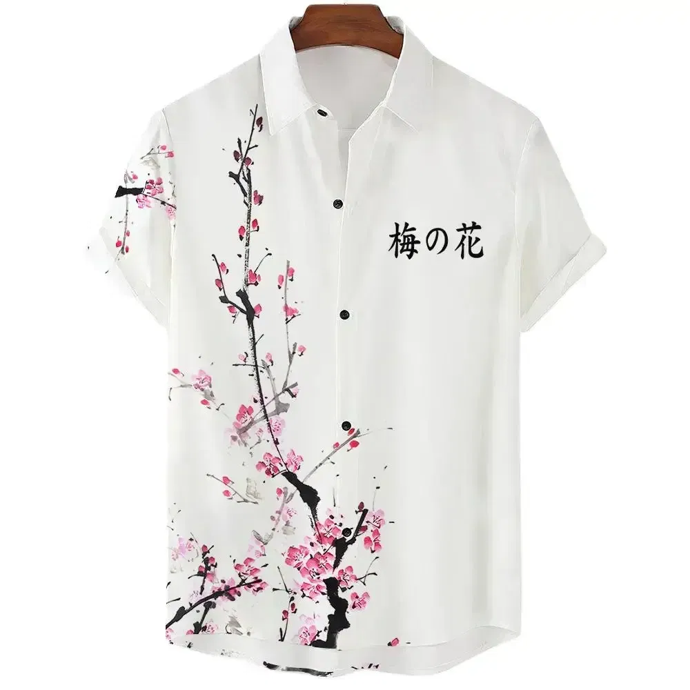 Color: PURPLE, Size: S - Fashionable Luxury Social men's Shirt Lapel button-down Shirt Casual Japanese Aesthetic Cherry Blossom Print short-sleeved Tops