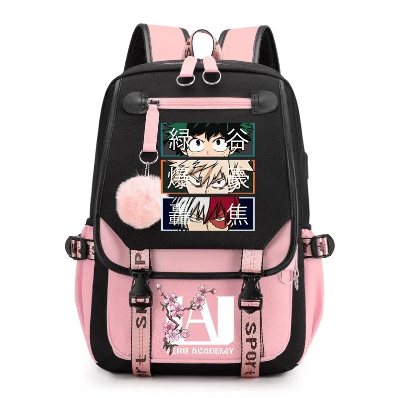 Color: black - Anime My Hero Academia Schoolbag Todoroki Bakugou Deku Cartoon Backpack School Boys Girls Usb Bagpack Teenager Travel Rucksack