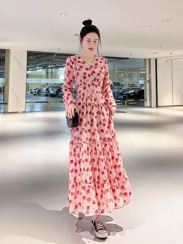 Color: black, Size: S - Chiffon floral dress 2024 spring/summer new high waisted slimming knee length skirt light luxury French style large skirt 3FWF