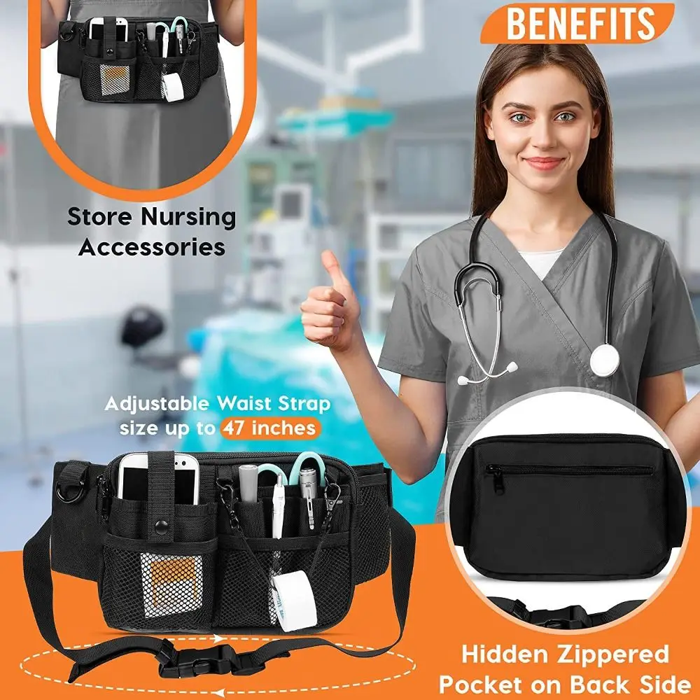 Color: Blue - Adjustable Nurse Fanny Pack Portable Large Capacity Polyester Nurse Pouch Waist Bag Multi Compartment Pocket Belt Organizer