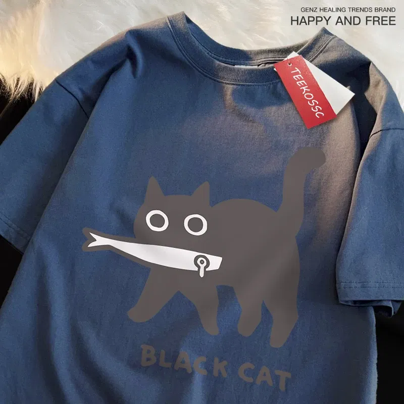 Color: Pink, Size: XXL - Fun A Black Cat Eating Fish Japanese Style Men Women T-Shirt Fashion Print T Shirt Breathable Oversize T-Shirts Cotton Clothes