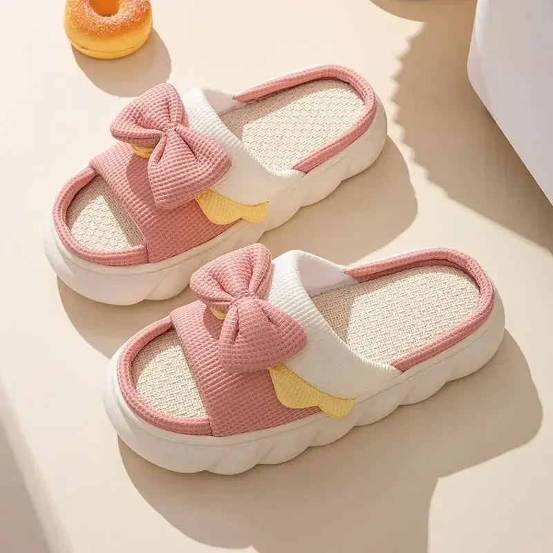 Color: Grape, Shoe Size: 40 - Linen Slippers Women Indoor Slippers Comzy Anti-Slip House Cotton Shoes Cute Bowknot Flat Slipper Couples Slides Spring Summer