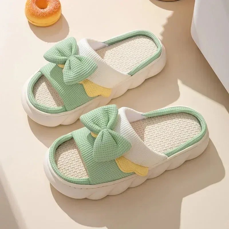 Color: Grape, Shoe Size: 40 - Linen Slippers Women Indoor Slippers Comzy Anti-Slip House Cotton Shoes Cute Bowknot Flat Slipper Couples Slides Spring Summer