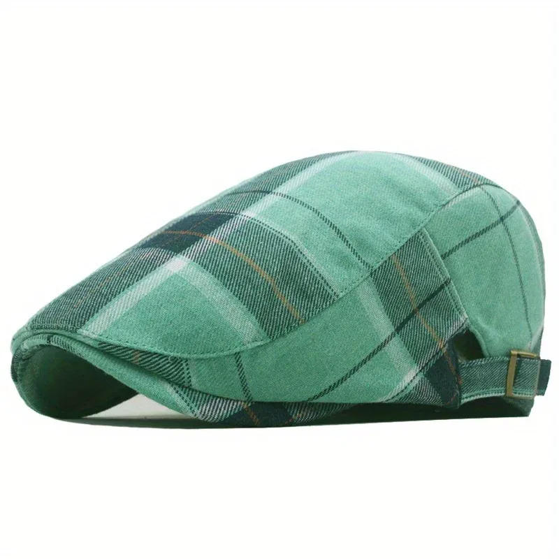 Color: Yellow - Men's Plaid Pattern Flat Cap Newsboy Hat Women Beret Cabbie Gatsby Cap