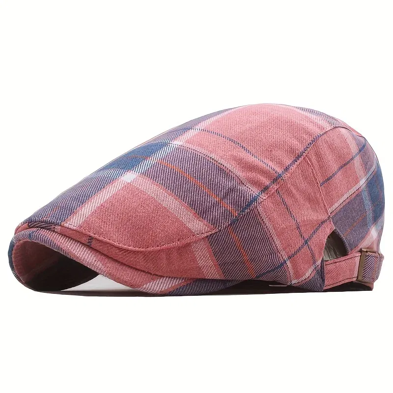 Color: Yellow - Men's Plaid Pattern Flat Cap Newsboy Hat Women Beret Cabbie Gatsby Cap