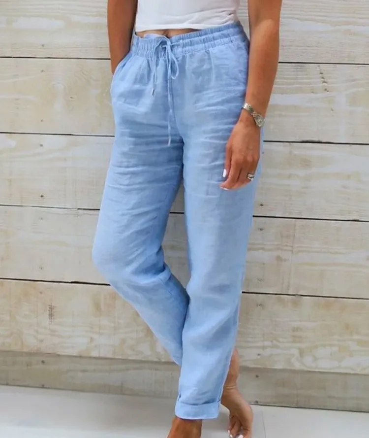 Color: green, Size: XXL - Cotton Linen Summer Pants for Women High Waist Elastic Casual Trousers Streetwear Solid Female Clothes 2024 Loose Pencil Pants