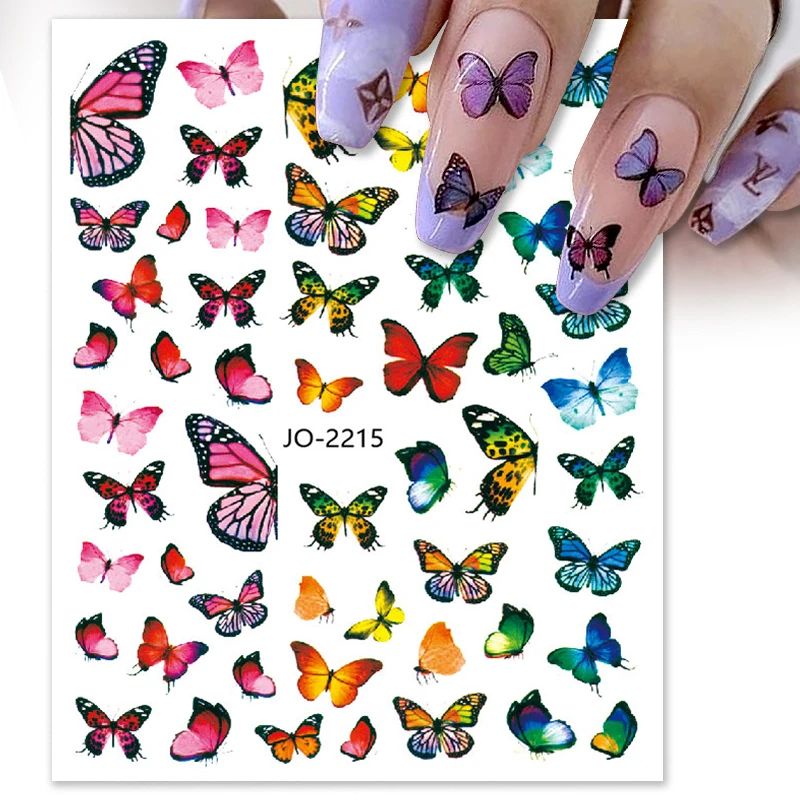 Color: light yellow - 3D Blue Butterfly Adhesive Stickers Nail Art Decoration Laser Flowers Leaves Nail Sticker Nail Art Supplies Nail Parts