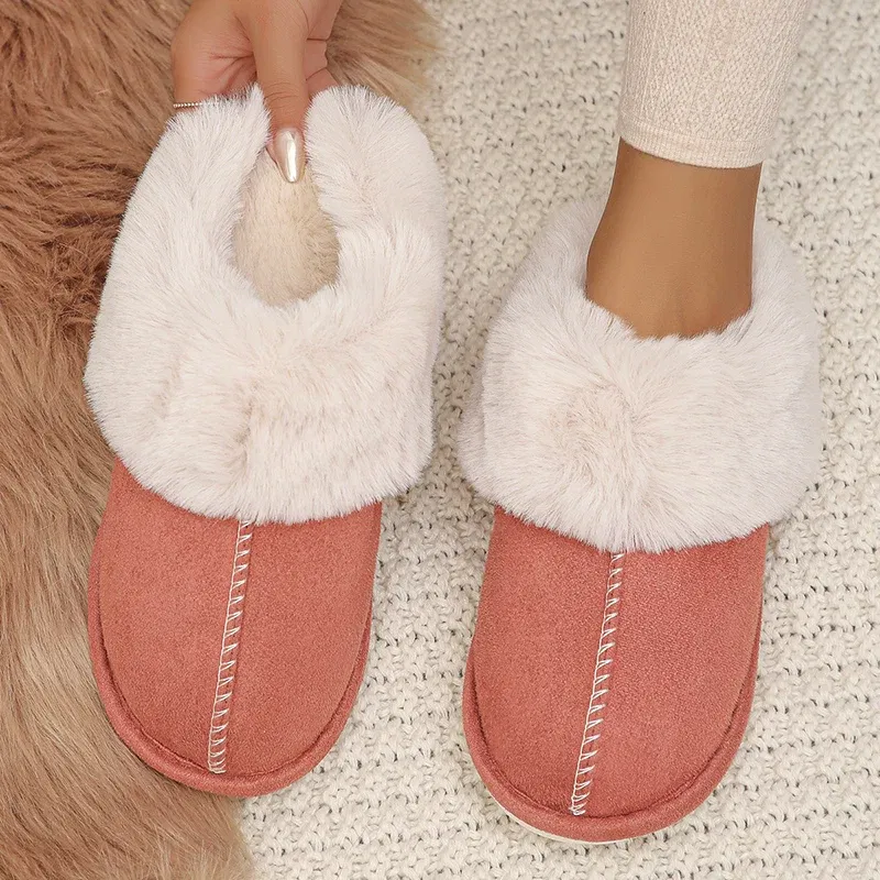 Color: Red, Shoe Size: 40 - Closed Toe Warm Cotton Slippers Women Faux Fur Thicken Plush Winter Home Shoes Woman Lightweight Casual Indoor Slides Female