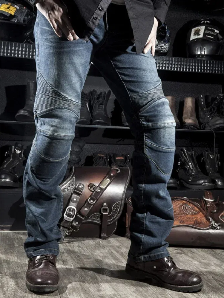 Color: SKY BLUE, Size: S - Mens Black Biker Jeans Motocycle Denim Pants Male Stretch Original Trousers Off-road Pants Protection Clothing 4xl Plus Size