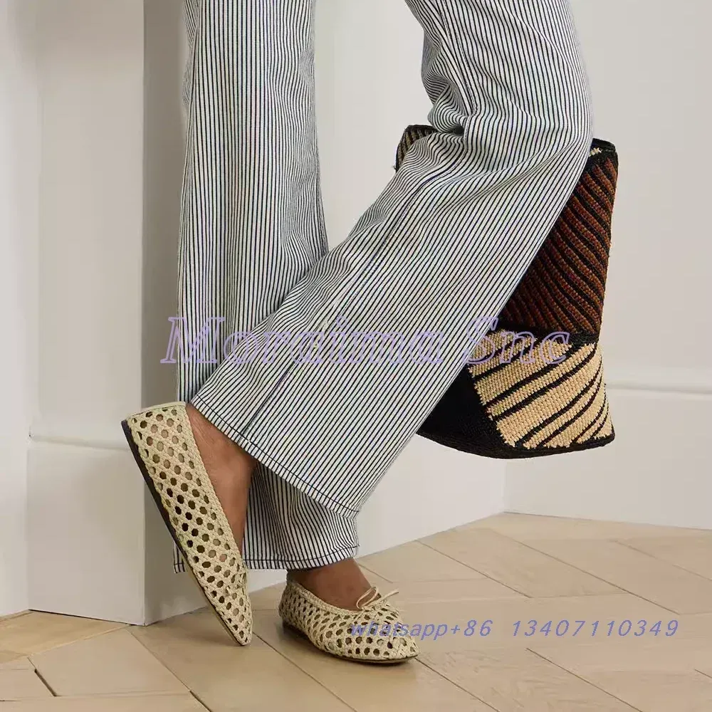 Color: Ivory, Shoe Size: 39 - Hollow Woven Leather Ballet Shoes Flat With Round Toe Ankle Buckle Strap Fashion Shallow Women Shoes Mary Janes Summer New 2025