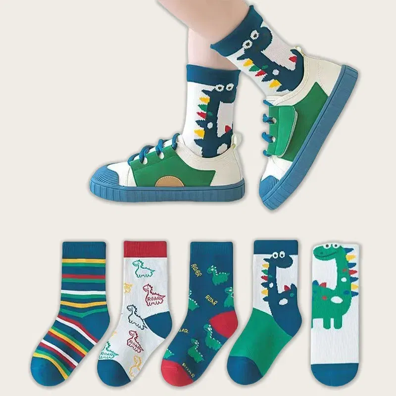 Color: SKY BLUE, Size: 10-12T - Children's Socks Autumn Boys Cartoon Dinosaur Socks 1-14T Kids Cotton Socks Student Sporty Socks 5 Pairs