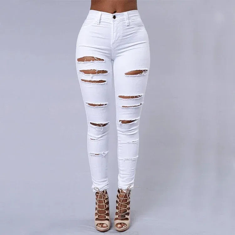 Color: WHITE, Size: S - Women's Ripped Tight Sexy Large Size Skinny Pants Jeans for Women
