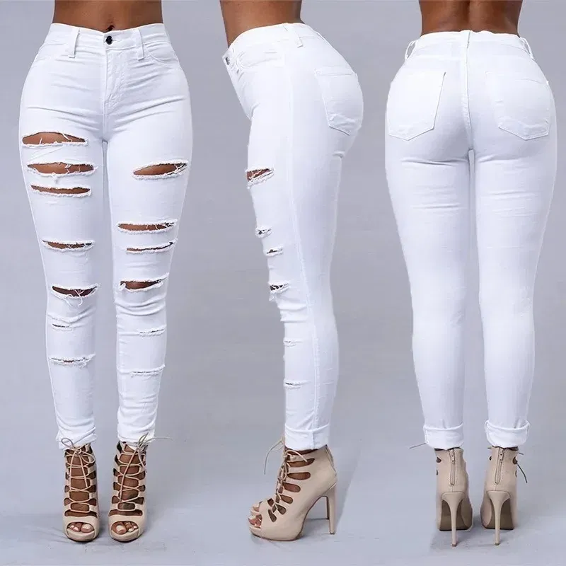 Color: WHITE, Size: S - Women's Ripped Tight Sexy Large Size Skinny Pants Jeans for Women