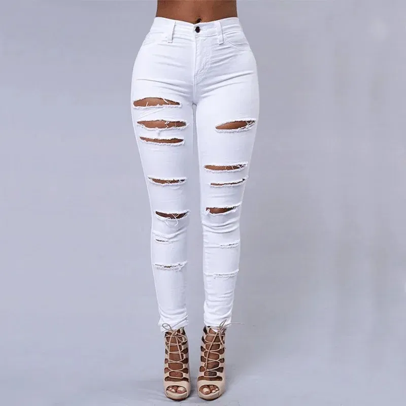 Color: WHITE, Size: S - Women's Ripped Tight Sexy Large Size Skinny Pants Jeans for Women
