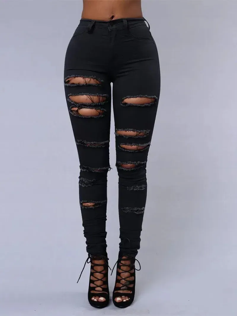 Color: WHITE, Size: S - Women's Ripped Tight Sexy Large Size Skinny Pants Jeans for Women
