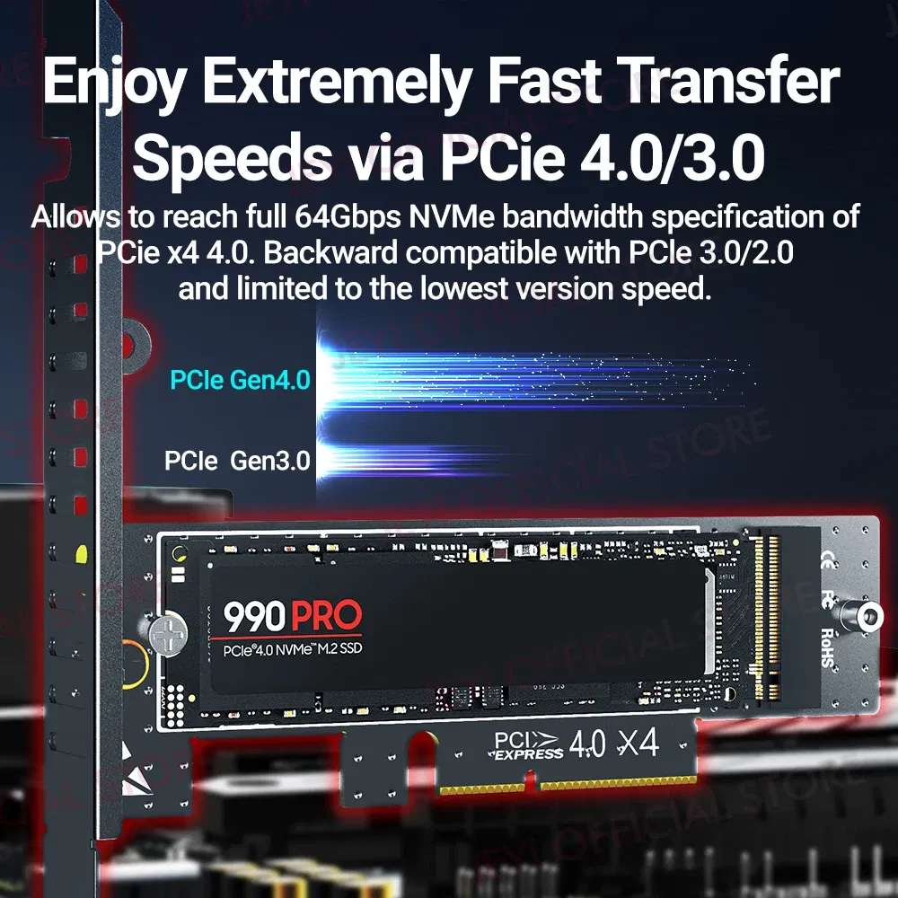 Color: Blue - JEYI M.2 NVME to PCIe 4.0 3.0 Adapter With Aluminum SSD Heatsink, NVMe 64Gbps Gen4 PCIE x1 X4 X8 X16 Expansion Card for Desktop